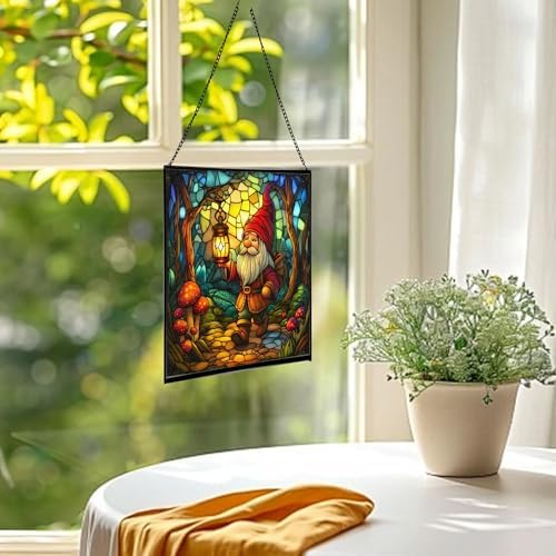 Forest Gnome with Lantern Stained Glass Suncatcher – Square Hanging Window Panel for Home or Greenhouse – Whimsical Glass Art Gift for Garden Lovers, Christmas, Halloween, Father Days ckmTEF - Image 3