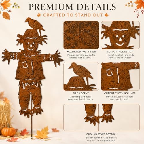 Rust Finish Metal Scarecrow Garden Stake, 27.4 Inch Fall Yard Art Decor, Flat Outdoor Lawn Ornament for Planters Flower Beds Patio - Image 5