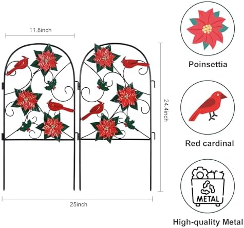 hogardeck Outdoor Christmas Decorations, 2 Pcs Metal Fence Floral Decorative Garden Stakes with Poinsettia Red Birds for Christmas Decor, Yard Signs for Garden Lawn Patio Home - Image 3