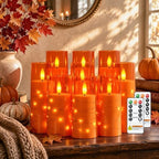 Raycare 9 Pcs Orange Halloween Flameless Pillar Candles with Remote Timer by Raycare