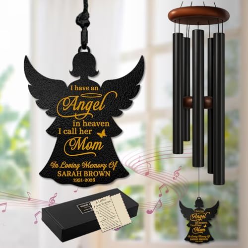 Memorial Wind Chime Angel Mom, Personalized Custom Name and Years, Sympathy Gift for Loss of Mother, Remembrance Windchimes Indoor Outdoor Porch Decor Melodic by AlpadilCo