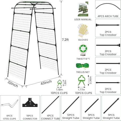 7.2FT Garden Arch Trellis for Climbing Plants, Heavy Duty Walk-Through Metal Arch with Netting, Wind-Resistant Vertical Garden Support for Cucumbers, Roses, Beans, Squash - Image 6
