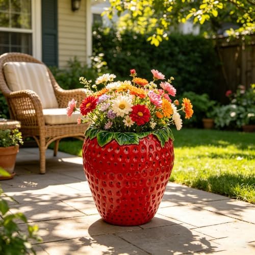 15" Strawberry Planter Pot, Cute Resin Fruit Flower Pot, Decorative Garden Planter for Patio, Porch, Yard, Lawn, Entryway, Tabletop & Home Decor by Unknown