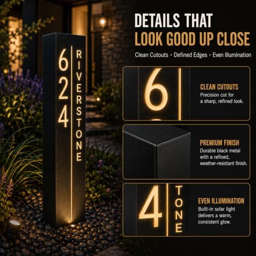 Custom Solar Address Sign, Personalized Lighted House Number Pillar - Image 3