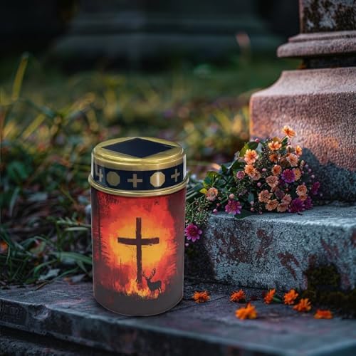 Poceacles Cross Outdoor Lights Pack of 6 Solar Powered Flameless Candle Cemetery Votive Candles Waterproof Outdoor Memorial Candle Solar Stake Lights for Grave Cemetery, Deer Cross Flame Forest - Image 3