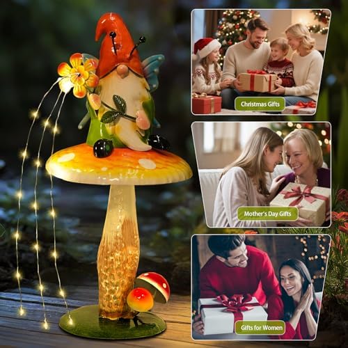 HONGLAND Solar Garden Gnome Figurine, Waterproof Outdoor Mushroom Decor with Solar Outdoor Lights for Yard, Patio, Lawn Ornaments, Ideal Gifts for Mom Grandma Women, Housewarming Gifts-16.5" - Image 2