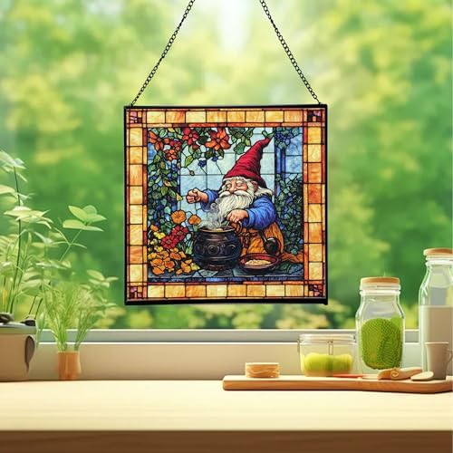 Gnome Making soap Stained Glass Suncatcher – Square Hanging Window Panel for Home, Garden, Nursery, Halloween, Christmas, Memorial Day – Whimsical Glass Art Gift for Gnome Lovers 7jdhqk - Image 2