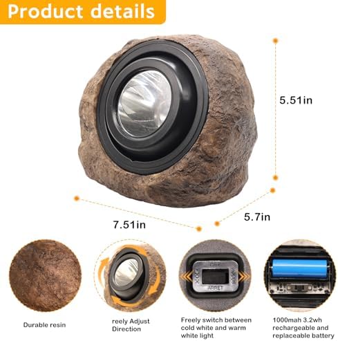 VOOKRY Brown Solar Rock Lights Outdoor, IP65 Waterproof Garden Stone Lights - Image 7