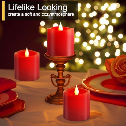 3x3 Flameless Candles with Remote Set of 3, 3 inch Battery Candles Flickering with Timer, LED Pillar Candle for Suitable for Suitable for home, wedding decoration, holiday party - Red - Image 3