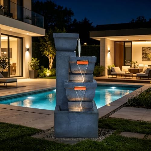 4-Tier Rock Outdoor Water Fountain, Resin with LED Light, 42 in - Image 2