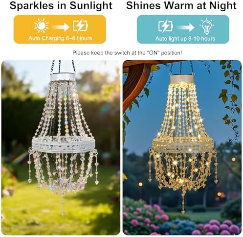 Solar Chandelier Outdoor, Crystal Hanging Solar Garden Lights Waterproof - Image 4