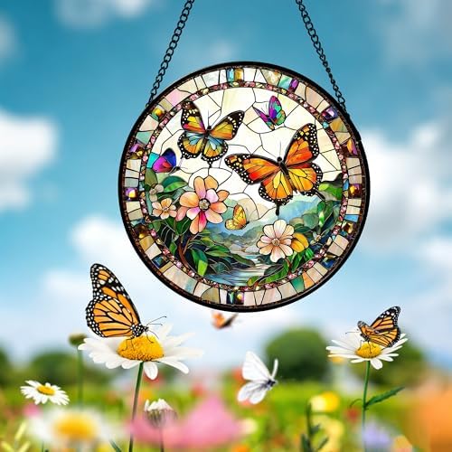 Butterflies and Flowers Stained Glass Window Hanging Suncatcher Gifts 12" - Image 6