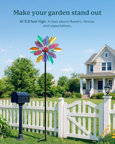 Solar Garden Wind Spinners with Light, Metal Yard Wind Spinners with Stake for Outdoor Lawn Decor (20" W x 77" H) - Image 2