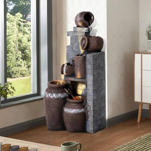 5-Tiers Garden Fountains Outdoor W/LED Light, Modern Fountain Waterfall Floor-Standing Cascading Water Feature for Patio Deck, Porch, Yard Decor (31.5" H) - Image 2