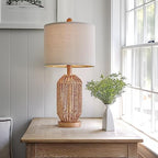 OYEARS 21" Boho Table Lamp for Living Room, Bedside Lamp for Nightstands, Rattan Lamp for Bedroom, Farmhouse Table Lamp for Room Decor, End Table, Retro, Brown, 1 Pack - Image 2