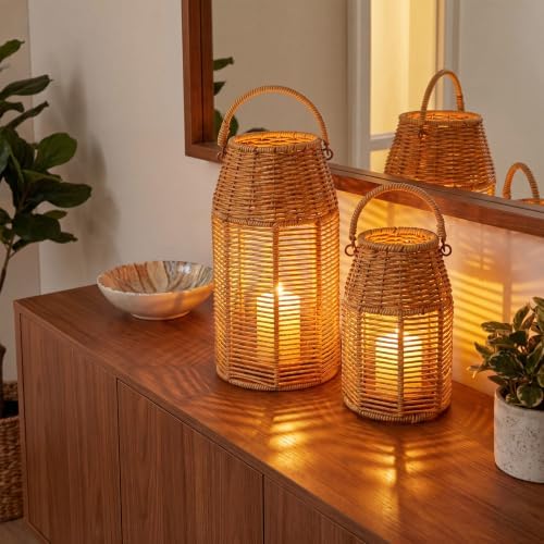 2 Pack Rattan Lanterns Boho Decor 10" 8", Handwoven Wicker Outdoor Patio Decor with Handle, Woven Lamp Shades for Home, Front Porch, Tabletop, Indoor Decoration - Image 2