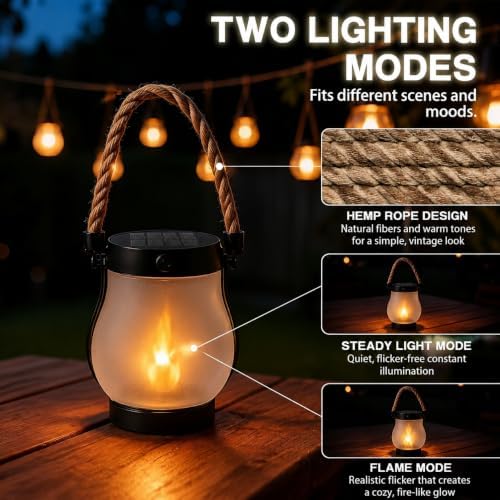 Kaliqo Solar Lantern Outdoor Lights, Realistic Dancing Flame Effect, Solar Powered Lanterns for Camping, 100% Waterproof, Hemp Rope Flame for Patio Garden Decor (2 PCS) - Image 6