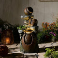 Rustic Jar Outdoor Water Fountain with Planter 38.5" Large Tiered Waterfall with Warm LED Lights, Handcrafted Resin Fountain for Zen Garden, Deck & Indoor Home Decor by Tankana