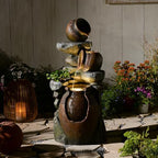 Rustic Jar Outdoor Water Fountain with Planter 38.5" Large Tiered Waterfall with Warm LED Lights, Handcrafted Resin Fountain for Zen Garden, Deck & Indoor Home Decor by Tankana