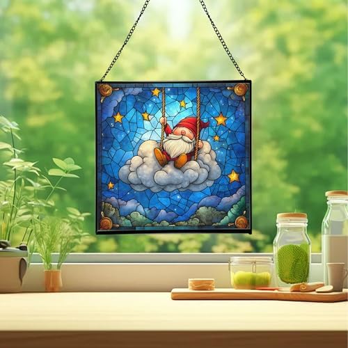 Cloud Gnome Swing Stained Glass Suncatcher – Square Hanging Window Panel for Home or Greenhouse – Whimsical Glass Art Gift for Garden Lovers, Christmas, Halloween, Father Days t3Lwaw - Image 2