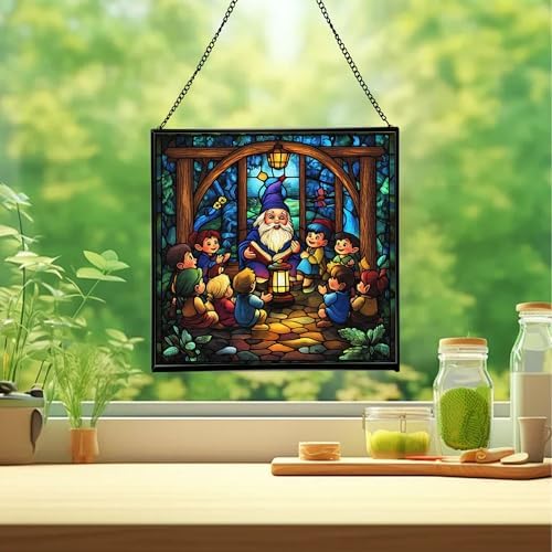 Gnome Storyteller Stained Glass Suncatcher – Square Hanging Window Panel for Home, Garden, Nursery, Halloween, Christmas, Memorial Day – Whimsical Glass Art Gift for Gnome Lovers 0fy5t1 - Image 2