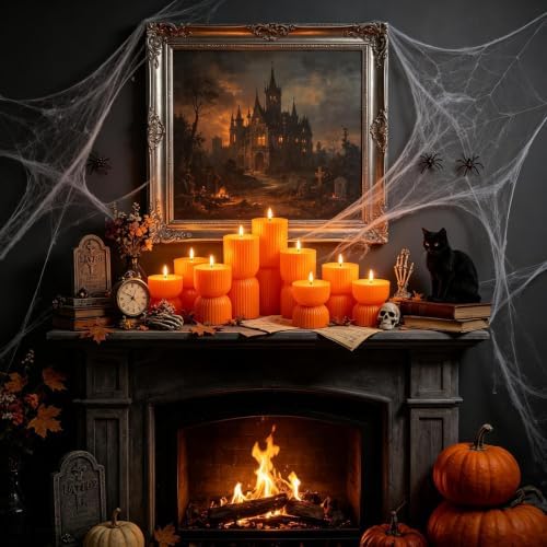 9 Pcs Ribbed Flameless LED Pillar Candles with Remote, Battery Operated Flickering Fake Candles for Wedding Fireplace Halloween Christmas Decor, Orange - Image 5