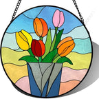 Stained Glass Suncatcher Tulip Flower Window Hanging Colorful Floral Art Glass Home Decor Mother's Day Birthday for Mom Grandma Wife Spring Wall Ornament 9.8 Inch by Unknown