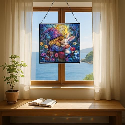 Bunny Friend Gnome Stained Glass Suncatcher – Square Hanging Window Panel for Home or Greenhouse – Whimsical Glass Art Gift for Garden Lovers, Christmas, Halloween, Father Days 44xWTl - Image 6