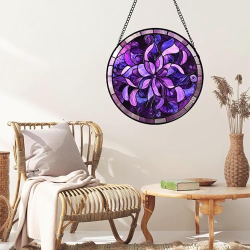 Purple Abstract Flower Stained Glass Window Hanging Suncatcher Gifts 15" - Image 4