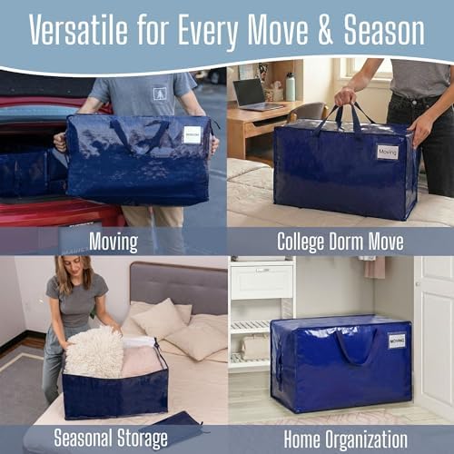 VENO 4 Pack Extra Large Heavy Duty Moving Bags with Wide Opening & Reinforced Handles, Reusable Storage Tote Bags with Strong Zippers for Clothes, College Dorm Essentials & Moving Supplies - Image 6