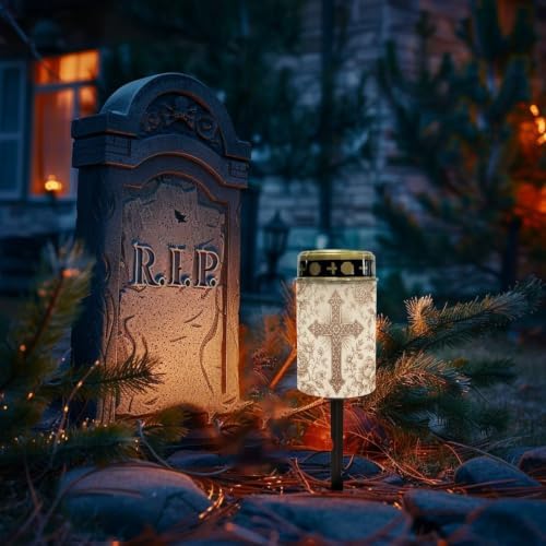 Poceacles Solar Powered Outdoor Lights Cemetery Solar Memorial Lights Outdoor Waterproof Landscape Candles for Yard Patio Lawn Home Decor, Vintage Beige Floral Cross, 6 Pcs - Image 2