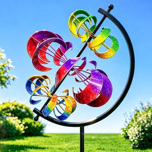 63 in Large Wind Spinners Outdoor, Rainbow Globe Wind Sculpture, by RARAXUAN