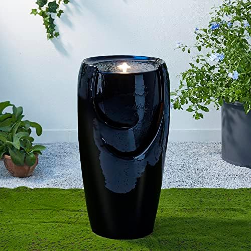 Glitzhome 29.25" H Oversized Ceramic Vase Outdoor Water Fountain Tall Patio Garden Water Fountain with LED Light and Submersible Pump Yard Art Decor, Black, 29.25”H by Glitzhome