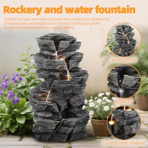 5-Tiered Cascading Rock, 18" High Outdoor Garden Waterfall with LED Lights and Pump, Resin Water Fountain for Garden, Patio, Yard, Deck Decor (18" High 5-Tiers) - Image 3