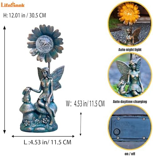 Garden Solar Fairy Statue - Mushroom Seat, Touching Rabbit, Iron Flower Glass Ball, Whimsical Outdoor Ornament - Image 2