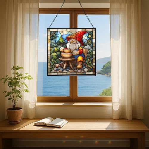 Gnome with Pottery Stained Glass Suncatcher – Square Hanging Window Panel for Home, Garden, Nursery, Halloween, Christmas, Memorial Day – Whimsical Glass Art Gift for Gnome Lovers pcknl0 - Image 6