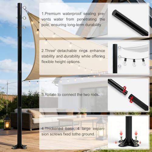 2 Pack 12 Ft Shade Sail Poles, Heavy Duty Metal Outdoor Support Post Kit, Rust-Resistant Shade Sail Support Poles, Adjustable Metal Sun Shade Poles for Patios, Courtyards, Backyards and Gardens - Image 4