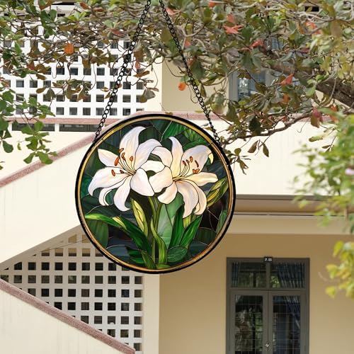 White Lily Flower Leaves Stained Glass Window Hanging Suncatcher Gifts 15" - Image 5
