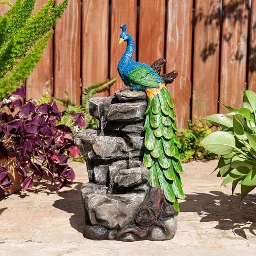 Glitzhome Outdoor Water Fountain with Lights, 4-Tierd Peacock W/Stacked Stone Outdoor Fountain, 20.5" H Polyresin Decorative Waterfall Feature Garden Fountain with Pump for Garden, Patio, Porch by Glitzhome