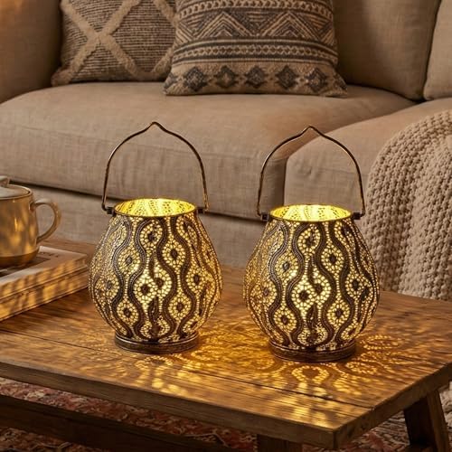 TRIROCKS Set of 2 Moroccan Decorative Lamps 8'' High Cordless Lamp Metal Table Lamps with Fairy Lights Bulb for Home Living Room Garden Yard Party Events Tabletop Indoor Outdoor(Black) - Image 5