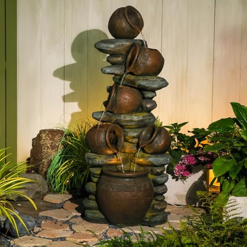 Bumilgar 5-Jug Rock Outdoor Water Fountain with LEDs, 60 in - Image 3