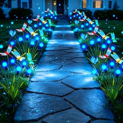 VOOKRY Dragonfly Solar Garden Lights Outdoor (8 Pack, 48 LEDs), Dragonfly Outdoor Decor with Solar Firefly Lights Waterproof Swaying Light for Yard Patio Pathway Lawn Gardening Gift for Women, Blue by VOOKRY