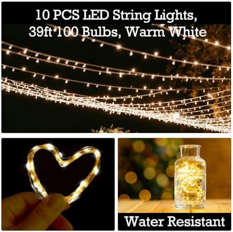10 Pcs Solar String Lights Outside Warm White 8 Modes 39 ft 100 LED Outdoor Fairy Lights Waterproof Copper Wirel for Outside Patio Backyard Tree Garden Party Decor - Image 3