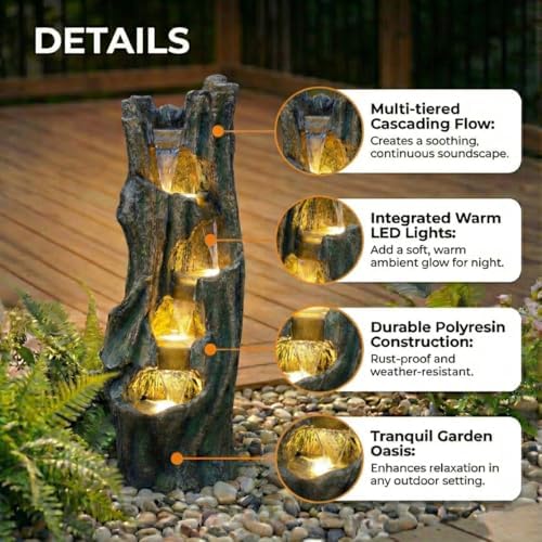 Outdoor Tree Waterfall Fountain with LED Lights,Freestanding Tree Design Garden Water Feature,Polyresin Construction,Easy Setup for Patio Backyard Lawn Porch - Image 4