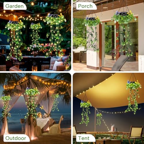 Solar Hanging Garden Lights, 4 Pack 66 LED Outdoor Lights with Realistic Milan Grass & White Flowers, IP65 Waterproof Solar Lanterns for Patio, Porch, Fence, Pergola & Backyard Decor, Auto On/Off - Image 6