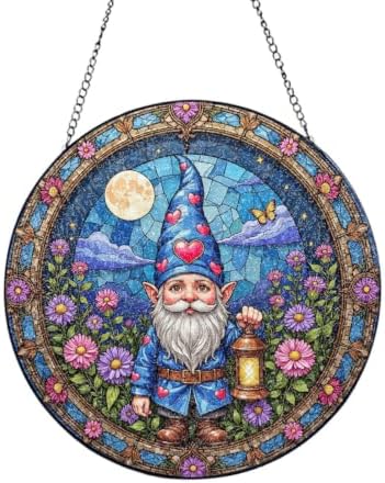 Gnome Holding Lantern Amidst Flowers and Moon Stained Glass Suncatcher 12in by Unknown
