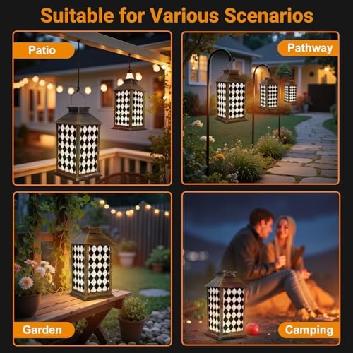 Solar Lantern Outdoor Waterproof White Black Check Marble Seamless Repeat Diagonal marbling Garden Decor LED Hanging Solar Lights Tabletop Lamp Gifts for Women Mom Outside Yard Patio Porch - Image 6