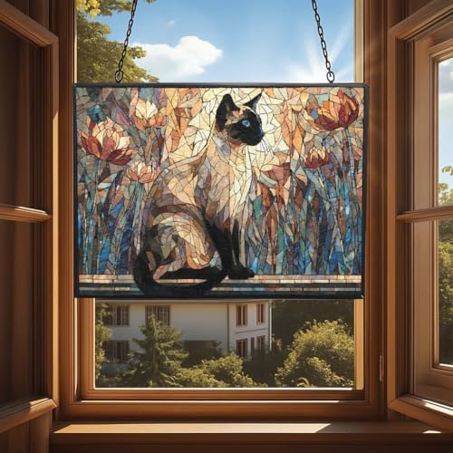 Customized Rectangle Mosaic Siamese Cat On Windowsill Stained Glass Window Hanging Sun Catcher Halloween Haning Ornament Decoration Christmas Birthday Gifts for Lover, Friends - Image 4