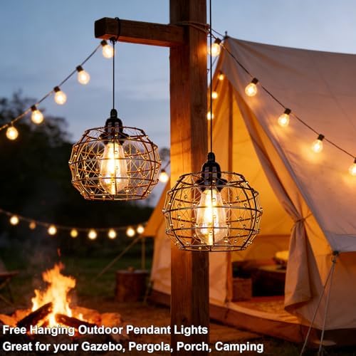 Battery Operated Outdoor Chandelier, 2Pack Gazebo Lights Waterproof, Beaded Copper Wire Drum Shape Hanging Pendant Lights with Remote for Gazebo, Pergola, Porch, Ceiling Indoor Outdoor Decor Lighting - Image 4