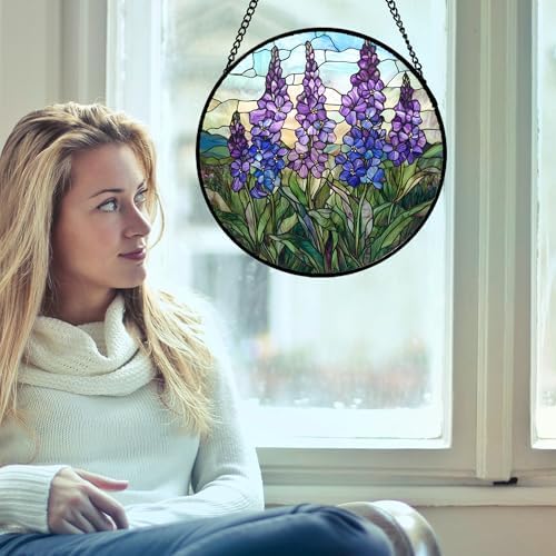 Purple Lupine Flowers Stained Glass Window Hanging Suncatcher Gift 15" - Image 3
